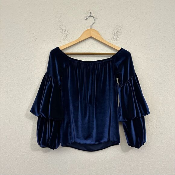 NWOT PETERSYN Lily Velvet Off-The-Shoulder Top Long Sleeve in Midnight Blue - Picture 6 of 10